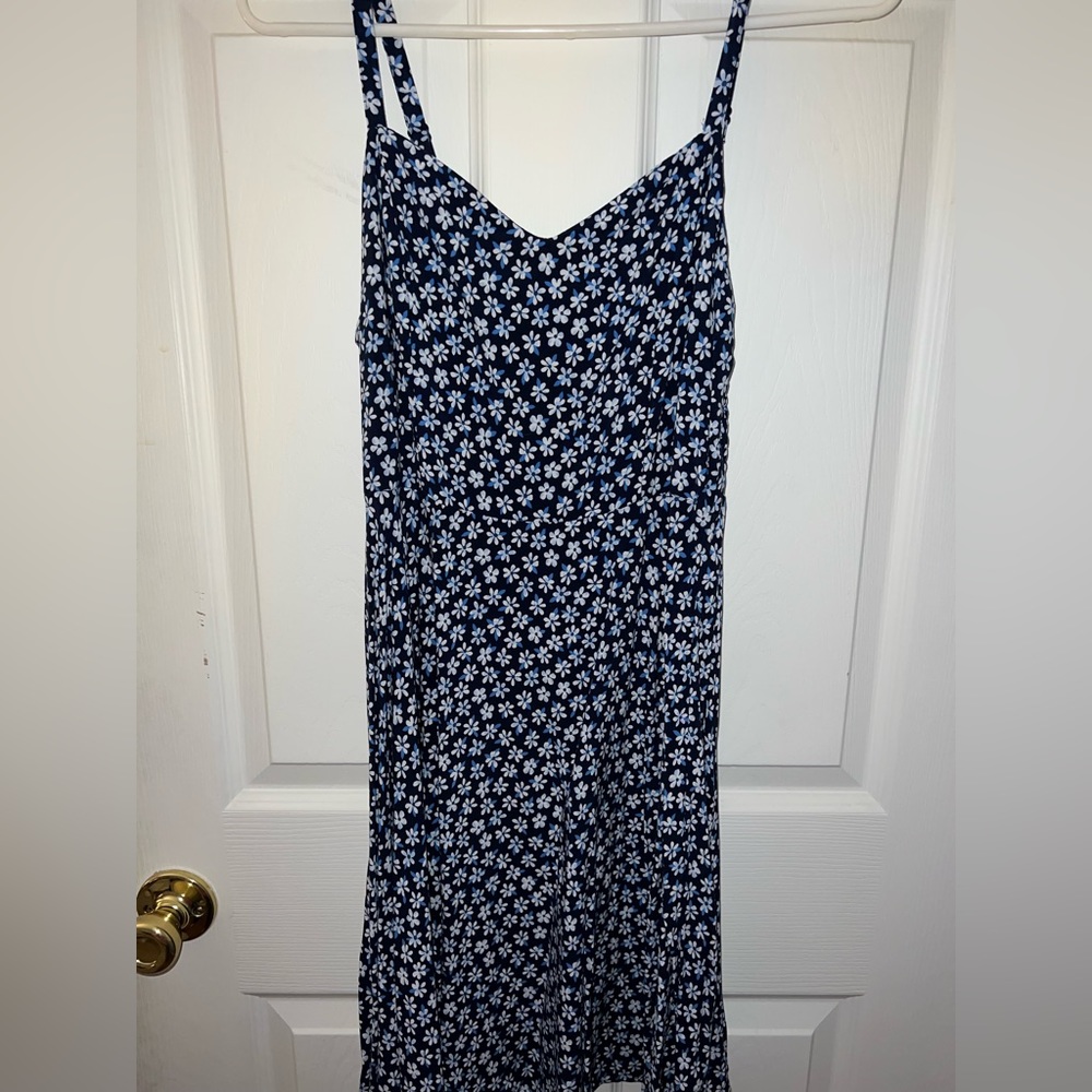 navy blue dress with white flowers